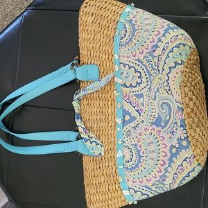 Vera Bradley large beach tote bag Capri straw wicker seashell teal